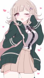 1girl ;o blush breasts brown_hair chi_gu collared_shirt danganronpa_(series) danganronpa_2:_goodbye_despair drooling flipped_hair galaga hair_ornament heart highres hood jacket long_sleeves looking_at_viewer medium_hair nanami_chiaki neck_ribbon one_eye_closed open_clothes open_jacket pink_eyes pink_ribbon pleated_skirt ribbon shirt shirt_tucked_in skirt solo white_shirt