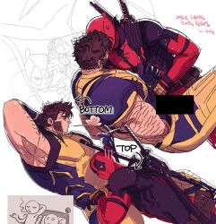 2boys armpits bara beard bodysuit brown_hair censored cigar deadpool deadpool_&amp;_wolverine deadpool_(series) facial_hair gloves holding holding_cigar i_love_when_people_draw_ships_like_this_actually_(meme) katana kiss large_pectorals lying lying_on_person male_focus marvel marvel_cinematic_universe meme multiple_boys muscular muscular_male muscular_uke on_back pectorals ppoooooolvrmm red_bodysuit red_mask reference_inset short_hair simple_background smoking superhero_costume sword sword_on_back two-tone_bodysuit weapon weapon_on_back wolverine_(x-men) x-men yaoi yellow_bodysuit