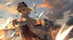 1girl absurdres bird blonde_hair blue_sky dust_girl evening highres hololive hololive_english lens_flare looking_at_viewer sky solo sunset watson_amelia