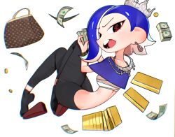 1girl bag banknote blue_hair capelet chest_sarashi coin corkie_cookie crown dollar_bill dollar_sign earrings fetal_position full_body gold_bar handbag jewelry looking_at_viewer looking_back money necklace nintendo open_mouth sandals sarashi shiver_(deep_cut_outfit)_(splatoon) shiver_(splatoon) socks solo splatoon_(series) splatoon_3 symbol-shaped_pupils tentacle_hair white_background