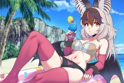 Rule 34 | 1girl, animal ears, bare shoulders, bat ears, bat girl, bat wings, beach, bikini, brown eyes, brown hair, brown long-eared bat (kemono friends), drink, elbow gloves, extra ears, fingerless gloves, gloves, grey hair, highres, kemono friends, kemono friends v project, long hair, looking at viewer, multicolored hair, navel, outdoors, shivuakichi, solo, streaked hair, swimsuit, thighhighs, virtual youtuber, wings