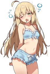 1girl absurdres ahoge artoria_caster_(fate) artoria_pendragon_(fate) bare_shoulders blonde_hair blush breasts collarbone ebora fate/grand_order fate_(series) green_eyes highres long_hair looking_at_viewer navel open_mouth sleepy small_breasts solo thighs