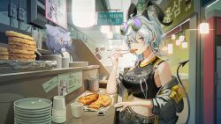 3girls absurdres ahoge bare_shoulders bilingual_commentary black_horns black_jacket black_shirt black_tail breasts carlotta_(wuthering_waves) chopsticks clothes_down commentary crop_top cup curled_horns demon_tail english_commentary eyewear_on_head food grey_hair hair_between_eyes hat highres holding holding_chopsticks holding_with_chopsticks horns indoors jacket jelmul korean_commentary large_breasts long_hair looking_at_viewer margherita_(wuthering_waves) midriff mixed-language_commentary multicolored_hair multiple_girls navel official_alternate_costume panhua_(wuthering_waves) red_eyes shirt streaked_hair sunglasses tail white_hat wuthering_waves zani_(wuthering_waves)