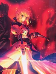 1boy 1girl armor armored_dress artoria_pendragon_(fate) blonde_hair cropped dress emiya_kiritsugu fate/zero fate_(series) green_eyes gun highres holding holding_gun holding_sword holding_weapon saber_(fate) sword takeuchi_takashi third-party_edit weapon