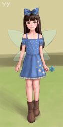 Rule 34 | 1girl, adapted costume, arms at sides, bare shoulders, blue bow, blue dress, blue flower, blue nails, blunt bangs, blush, boots, bow, brown eyes, brown hair, closed mouth, collarbone, daisy (flower), dress, ear blush, fairy wings, flat chest, flower, frilled bow, frills, full body, hair bow, highres, holding, holding flower, legs together, long hair, looking at viewer, nail polish, non-web source, outdoors, petticoat, polka dot, puffy short sleeves, puffy sleeves, shadow, short sleeves, simple background, smile, solo, standing, star (symbol), star print, star sapphire, touhou, very long hair, wings, yyf (seaknight)