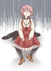 Rule 34 | 1girl, alternate costume, arch bishop (ragnarok online), black pantyhose, blank eyes, brown shoes, commentary request, frilled skirt, frills, full body, gloom (expression), jewelry, necklace, open mouth, pantyhose, pearl necklace, ragnarok online, red skirt, sasamuke pika, shirt, shoes, short hair, sitting, skirt, solo, suspender skirt, suspenders, white background, white shirt