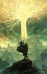1other ambiguous_gender animal armor artist_name bloody_wolf_(elden_ring) cloud commentary_request elden_ring erdtree_(elden_ring) from_behind full_armor helmet highres holding holding_sword holding_weapon horns horse horseback_riding leaf outdoors riding sky sword tarnished_(elden_ring) tatsuya_(atelier_road) torrent_(elden_ring) tree weapon