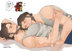 4boys arm_hair bodysuit closed_eyes commentary_request deadpool deadpool_&amp;_wolverine deadpool_(series) facial_hair hand_on_another&#039;s_arm large_pectorals light_blush lying lying_on_person male_focus marvel marvel_cinematic_universe motion_lines multiple_boys multiple_persona muscular muscular_male open_mouth pants pectoral_pillow pectorals red_bodysuit red_mask selfcest sleeveless speed_lines superhero_costume tank_top teeth translation_request white_tank_top wolverine_(x-men) wonpese x-men x-men_film_series x-men_origins:_wolverine yaoi