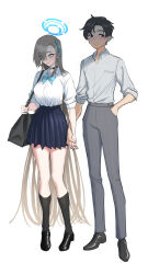 Rule 34 | 1boy, 1girl, absurdres, asuna (blue archive), asuna (school uniform) (blue archive), bag, black hair, black shoes, black socks, blonde hair, blue archive, blue eyes, blue halo, blue skirt, blush, breasts, choker, grey pants, hair over one eye, halo, highres, holding hands, interlocked fingers, large breasts, long hair, looking down, looking to the side, meganeura224, pants, pleated skirt, school bag, sensei (blue archive), sensei (blue archive the animation), shirt, shoes, short hair, skirt, sleeves rolled up, socks, thighs, very long hair, white shirt