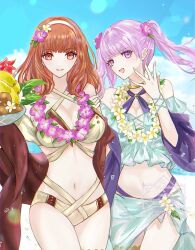 2girls aqua_bikini beach bikini breasts brown_bikini bubble celica_(fire_emblem) celica_(summer)_(fire_emblem) cleavage criss-cross_halter fire_emblem fire_emblem:_the_blazing_blade fire_emblem_echoes:_shadows_of_valentia fire_emblem_heroes flower flower_hairband flower_necklace hairband halterneck helen_(helen2210hk) highres jewelry lei long_hair medium_breasts multiple_girls navel necklace nintendo official_alternate_costume pink_hair purple_bikini purple_eyes purple_sash red_eyes red_hair red_sash sash serra_(fire_emblem) serra_(summer)_(fire_emblem) stomach swimsuit swimsuit_skirt thighs twintails water