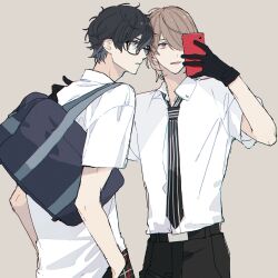 2boys akechi_gorou amamiya_ren black_gloves black_hair black_pants brown_hair glasses gloves grey_background grey_eyes highres holding holding_phone male_focus meimei_hituzi multiple_boys open_mouth pants parted_lips persona persona_5 phone red_eyes shirt short_hair simple_background smile teeth white_shirt