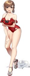 1girl akasaka_yuzu asahi_(kancolle) asahi_(swimsuit)_(kancolle) braid breasts brown_hair burnt_clothes casual_one-piece_swimsuit collarbone frilled_one-piece_swimsuit frills grey_eyes kantai_collection medium_breasts mole mole_under_mouth official_alternate_costume official_art one-piece_swimsuit open_mouth red_one-piece_swimsuit sandals short_hair side_braids solo strap_slip swimsuit torn_clothes towel transparent_background twin_braids