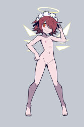1girl arknights black_ribbon chinese_commentary cleft_of_venus commentary_request completely_nude detached_wings energy_wings exusiai_(arknights) flat_chest full_body grey_background hair_over_one_eye halo hand_on_own_hip hand_up highres hydrogina looking_at_viewer maid_headdress navel nipples no_pupils nude parody pussy red_eyes red_hair ribbon ringed_eyes smile solo style_parody traditional_halo uncensored vanripper_(style) wings