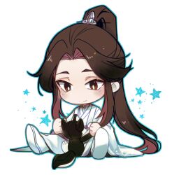 1boy aqua_outline boots brown_eyes brown_hair chibi chibi_only chinese_clothes chu_wanning closed_mouth commentary english_commentary erha_he_tadebai_mao_shizun full_body hanfu high_ponytail long_hair long_sleeves looking_at_object male_focus outline ponytail sebychu simple_background sitting smile solo star_(symbol) stuffed_animal stuffed_dog stuffed_toy white_background white_boots white_hanfu wide_sleeves xiao_guan_(headdress)