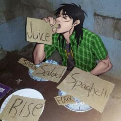 &gt;_&lt; 1boy black_hair black_shirt cardboard cardboard_dinner_(meme) closed_eyes english_text facial_scar green_shirt hashtag-only_commentary itou_kaiji kaiji long_hair male_focus meme open_clothes open_mouth open_shirt photo_background plaid_clothes plaid_shirt plate poverty satsumaimo scar scar_on_cheek scar_on_face shirt short_sleeves solo table undershirt upper_body