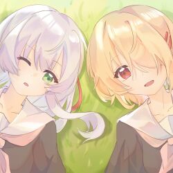 2girls alternate_costume blonde_hair glasses green_eyes grey_hair hair_ornament hair_over_one_eye hairclip heaven_burns_red highres izumi_yuki_(heaven_burns_red) kayamori_ruka long_hair long_sleeves looking_at_another lying multiple_girls on_grass red_eyes round_eyewear school_uniform shirt short_hair shuangli yuri