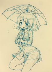 1girl arinu blush bra breasts dress_shirt female_focus flying_sweatdrops highres lace lace-trimmed_bra lace-trimmed_panties lace_trim looking_at_viewer medium_breasts monochrome panties see-through_clothes shirt short_hair solo standing standing_on_one_leg tatara_kogasa thighs touhou umbrella underwear wet wet_clothes wet_shirt