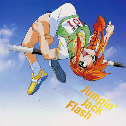 1girl arched_back blue_sky braid braided_ponytail cleats english_text green_eyes jumping long_hair looking_at_viewer lorelei_(saber_j) name_tag non-web_source official_art open_mouth photoshop_(medium) red_hair saber_marionette_j short_sleeves sky solo track_suit