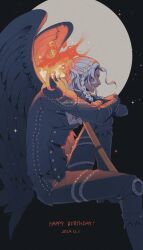1boy black_wings boots braid facial_hair fire full_moon goatee_stubble happy_birthday highres jacket king_(one_piece) looking_ahead male_focus moon one_piece paruma_umu ponytail profile sidelocks sitting solo star_(sky) stubble sword twitter_username weapon white_hair wings