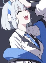 1girl blue_archive blue_necktie closed_eyes formal_clothes halo highres jacket laughing mechanical_halo necktie noa_(blue_archive) open_mouth reia_76 seminar_(blue_archive) short_hair solo suit two-sided_fabric two-sided_jacket white_hair white_halo white_jacket white_suit