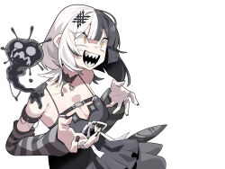 1girl :d absurdres black_dress black_hair black_nails breast_strap breasts cleavage cocomayo29_(tomato) commentary_request constricted_pupils detached_sleeves dress grey_hair hair_ornament highres hololive hololive_english jewelry korean_commentary large_breasts looking_ahead medium_hair multicolored_hair nail_polish open_mouth ring sharp_teeth shiori_novella shiori_novella_(1st_costume) simple_background smile solo split-color_hair striped_sleeves teeth two-tone_hair upper_body virtual_youtuber white_background yellow_eyes yorick_(shiori_novella)