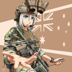 1girl assault_rifle australian_flag camouflage drone eotech female_focus grenade_launcher gun h&amp;k_hk416 headset heckler_&amp;_koch helmet highres jpc military military_uniform rifle short_hair silver_hair solo weapon