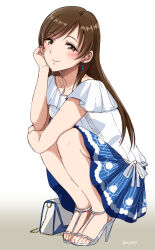 1girl bag blue_skirt blush bow breasts brown_eyes brown_hair closed_mouth collarbone earrings full_body gen_(enji) grey_sandals hand_on_own_face head_rest high_heels idolmaster idolmaster_cinderella_girls idolmaster_cinderella_girls_starlight_stage jewelry long_hair looking_at_viewer medium_breasts necklace nitta_minami sandals shirt short_sleeves skirt smile solo squatting striped_clothes striped_skirt toes twitter_username vertical-striped_clothes vertical-striped_skirt white_background white_bow white_shirt