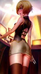 10s 1girl as109 ass bad_id bad_pixiv_id bare_shoulders blonde_hair blush bob_cut breasts female_focus fran_francois_francesca_de_bourgogne from_behind gluteal_fold god_eater god_eater_2:_rage_burst highres looking_at_viewer looking_back miniskirt no_panties open_mouth short_hair skirt skirt_tug small_breasts solo thighhighs