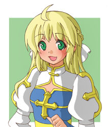 1girl ahoge arch_bishop_(ragnarok_online) blonde_hair blue_dress blush braid breasts cleavage_cutout clothing_cutout commentary_request cross dress gold_trim green_background green_eyes half_up_braid juliet_sleeves long_hair long_sleeves looking_at_viewer lowres monou0135 open_mouth puffy_sleeves ragnarok_online sash small_breasts smile solo two-tone_background two-tone_dress upper_body white_background white_dress yellow_sash