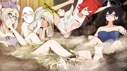 &gt;_&lt; 4girls ahoge black_hair blonde_hair blue_archive breasts chihiro_(blue_archive) closed_eyes dive glasses green_eyes grey_hair grin halo hare_(blue_archive) highres kotama_(blue_archive) long_hair maki_(blue_archive) multiple_girls naked_towel onsen partially_submerged ponytail purple_eyes red_hair same-sex_bathing shared_bathing short_hair smile towel tzcream veritas_(blue_archive)