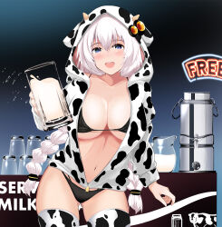 Rule 34 | 1girl, animal ear hood, animal ears, animal print, bikini, black bikini, blue eyes, braid, breasts, commentary request, contrapposto, cow print, cow print thighhighs, cowboy shot, cup, fake animal ears, fake horns, gluteal fold, highres, holding, holding cup, hood, hood up, horns, jacket, jug (bottle), kiki (koikuchikinako), kizuna akari, large breasts, long hair, low-tied long hair, micro bikini, milk, open mouth, print thighhighs, smile, solo, swimsuit, thighhighs, twin braids, voiceroid, white hair, white jacket