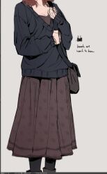 Rule 34 | 1girl, 23i2ko, bag, black pantyhose, black shirt, breasts, brown bag, brown dress, cleavage, collarbone, commentary, dress, english commentary, english text, feet out of frame, grey background, head out of frame, highres, long dress, long sleeves, medium hair, messenger bag, original, pantyhose, shirt, shirt over dress, shoulder bag, simple background, small breasts, solo, standing