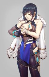 1girl adjusting_breasts adjusting_clothes azasuke black_gloves black_hair black_thighhighs blue_dress blue_hair bracelet braid breasts cleavage clothing_cutout diagonal_bangs dice dress earrings elbow_gloves feather-trimmed_jacket fingerless_gloves genshin_impact gloves grabbing_own_breast green_eyes grey_background highres jacket jacket_on_shoulders jewelry large_breasts mole mole_on_breast multicolored_hair neck_tassel pelvic_curtain short_hair simple_background single_elbow_glove sleeveless sleeveless_dress thighhighs two-tone_hair vision_(genshin_impact) white_gloves white_jacket yelan_(genshin_impact)