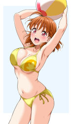 1girl :d ahoge ball beachball bikini braid breasts cleavage halterneck highres holding holding_ball holding_beachball large_breasts love_live! love_live!_sunshine!! navel open_mouth orange_hair red_eyes short_hair side-tie_bikini_bottom side_braid simple_background smile solo string_bikini swimsuit takami_chika yellow_bikini yopparai_oni