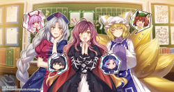 3girls :3 :o ^^^ ahoge anchor_print animal_ears animal_hat arm_rest black_dress black_hair blonde_hair blue_dress blue_hair blue_tabard blush book bookshelf bow braid breasts brooch brown_eyes brown_hair cat_ears chalkboard chen closed_eyes closed_mouth collared_dress collared_shirt commentary_request constellation constellation_print copyright_notice cowboy_shot cropped_shoulders cross cross-laced_clothes doodle drawings dress earrings eighth_note elbow_rest emphasis_lines fox_tail frilled_dress frilled_sleeves frills glowing gradient_hair green_headwear grey_hair hagiwara_rin hand_on_own_cheek hand_on_own_face hand_up hands_in_opposite_sleeves hands_up happy hat head_rest high_collar hijiri_byakuren hood indoors jewelry juliet_sleeves kesa kitsune kumoi_ichirin kyuubi large_breasts layered_dress light_particles light_purple_hair long_hair long_sleeves looking_at_viewer mob_cap multicolored_dress multicolored_hair multiple_girls multiple_tails murasa_minamitsu musical_note neckerchief necktie nurse_cap official_art ofuda ofuda_on_clothes one_eye_closed open_mouth outline own_hands_clasped own_hands_together parted_bangs pinned puffy_short_sleeves puffy_sleeves rabbit_ears red_cross red_dress red_eyes red_neckwear reisen_udongein_inaba ribbon sailor_collar sailor_hat school shirt short_hair short_sleeves sidelocks single_braid single_earring smile smug sparkle speech_bubble spoken_musical_note standing swept_bangs tabard tail tassel touhou touhou_lostword turtleneck turtleneck_dress two-tone_dress two-tone_hair unzan watermark white_dress white_ribbon white_shirt wide_sleeves wing_collar yagokoro_eirin yakumo_ran yellow_bow yellow_eyes yellow_neckwear