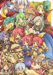 2000s_(style) 6+boys 6+girls alchemist_(ragnarok_online) armor assassin_(ragnarok_online) assassin_cross_(ragnarok_online) black_coat black_gloves black_shorts black_thighhighs blacksmith_(ragnarok_online) blonde_hair blue_cape blue_eyes blue_gloves blue_hair bow breasts brown_cape brown_hair brown_shirt cape closed_mouth coat coke-bottle_glasses commentary_request cowboy_shot cross dress elbow_gloves feathered_wings fingerless_gloves fishnet_pantyhose fishnets fur-trimmed_coat fur_collar fur_trim glasses gloves gold_trim green_hat grey_hair hair_bow hasenyo hat head_wings high_wizard_(ragnarok_online) holding holding_mask hunter_(ragnarok_online) juliet_sleeves knight_(ragnarok_online) long_hair long_sleeves looking_at_another looking_at_viewer mask medium_breasts merchant_(ragnarok_online) monk_(ragnarok_online) multicolored_coat multiple_boys multiple_girls open_clothes open_coat open_mouth paladin_(ragnarok_online) pantyhose pauldrons pink_eyes pink_hair potion priest_(ragnarok_online) puffy_sleeves purple_dress purple_eyes purple_hair ragnarok_online red_bow red_cape red_coat red_eyes red_scarf rogue_(ragnarok_online) scarf shirt short_hair shorts shoulder_armor smile star_(symbol) star_print thighhighs two-tone_coat visor_(armor) waving white_shirt white_wings wings witch_hat yellow_background yellow_eyes