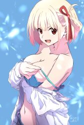 1girl :d bare_shoulders bikini blonde_hair blue_background blue_bikini breasts cleavage collarbone commentary dated hair_ribbon highres jacket large_breasts looking_at_viewer lycoris_recoil navel nii_manabu nishikigi_chisato open_mouth red_eyes red_ribbon ribbon short_hair signature smile solo swimsuit teeth upper_teeth_only white_jacket