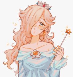 Rule 34 | 1girl, bare shoulders, blonde hair, blue dress, blue eyes, brooch, closed mouth, collarbone, commentary, crown, dress, earrings, english commentary, expressionless, eyelashes, fingernails, frilled sleeves, frills, goomyloid, grey background, hair over one eye, head tilt, highres, holding, holding wand, jewelry, light blush, light frown, lips, long bangs, long hair, long sleeves, looking at viewer, mario (series), messy hair, mini crown, nintendo, off-shoulder dress, off shoulder, pink lips, rosalina, silver crown, simple background, sleeves past wrists, solo, sparkle, star (symbol), star brooch, star earrings, star wand, super mario galaxy, upper body, wand
