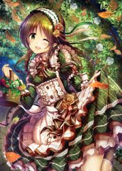 1girl ;d apron arch basket black_ribbon black_socks blush bow bowtie braid breasts brooch brown_eyes brown_flower brown_hair brown_rose dress falling_leaves floral_arch flower frilled_apron frills green_dress green_ribbon hair_ribbon hands_up headdress highres holding holding_basket idolmaster idolmaster_cinderella_girls idolmaster_cinderella_girls_starlight_stage jewelry layered_dress leaf long_hair long_sleeves looking_at_viewer ment night one_eye_closed open_mouth outdoors pavement pink_bow pink_bowtie pink_flower pink_ribbon puffy_long_sleeves puffy_sleeves red_flower red_rose ribbon rose sash skirt_hold sky small_breasts smile socks solo standing standing_on_one_leg star_(sky) starry_sky takamori_aiko twin_braids twintails white_apron white_flower white_rose white_sash yellow_flower yellow_rose