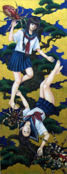 2girls barefoot bonsai braid bug cloud feet long_image multiple_girls nadeshiko_rin rotational_symmetry school_uniform serafuku silk spider spider_web tall_image traditional_media twin_braids upside-down