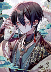 1boy absurdres black_hair chinese_zodiac closed_mouth commentary_request ear_piercing earrings full_moon green_eyes green_kimono hair_between_eyes highres japanese_clothes jewelry kimono long_sleeves looking_at_viewer male_focus moon necklace original piercing short_hair snake solo suzaku_(zaku6584) upper_body year_of_the_snake