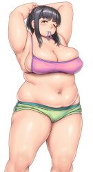 1girl armpits arms_behind_head arms_up bikini black_hair blush breasts cameltoe cleavage closed_mouth commentary_request covered_erect_nipples cowboy_shot fat fat_woman green_shorts highres itou_yukino large_breasts looking_at_viewer mouth_hold muffin_top navel one_eye_closed orizen pink_bikini plump real_drive short_shorts shorts sidelocks simple_background solo swimsuit tareme thick_arms thick_thighs thighs white_background
