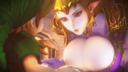 1boy 1girl 3d age_difference animated animated_gif blonde_hair blue_eyes breasts cleavage earrings female_focus gloves highres jewelry large_breasts link long_hair n-nurico nintendo pointy_ears princess_zelda the_legend_of_zelda the_legend_of_zelda:_ocarina_of_time young_link