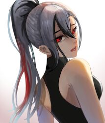 1girl absurdres alternate_breast_size alternate_hairstyle arlecchino_(genshin_impact) back bare_shoulders black_eyes black_hair breasts eyebrows_hidden_by_hair eyes_visible_through_hair genshin_impact hair_between_eyes high_ponytail highres medium_breasts multicolored_hair open_mouth pants ponytail red_hair red_pants renodude shirt sleeveless sleeveless_shirt sleeveless_turtleneck solo streaked_hair symbol-shaped_pupils teeth tongue turtleneck turtleneck_shirt upper_teeth_only white_hair x-shaped_pupils