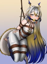 1girl arknights ball_gag barefoot bdsm blush bondage bound crotch_rope dragon_horns dragon_tail gag gagged gradient_background gradient_hair grey_eyes highres horns long_hair multicolored_hair negi_(liquidu) no_jacket pants pointy_ears red_pupils rope shu_(arknights) strapless suspension tail tube_top very_long_hair white_pants white_tube_top