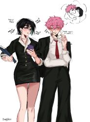 Rule 34 | 2girls, alien stage, alternate costume, artist name, black hair, black pants, black suit, bob cut, buttons, cellphone, collared shirt, commentary, dress, earrings, english commentary, english text, formal clothes, glasses, highres, holding, holding phone, holding removed eyewear, jacket, jacket on shoulders, jewelry, kiss, meme, mizi (alien stage), multiple girls, necklace, necktie, pants, pearl earrings, pearl necklace, pencil dress, phone, pink hair, purple eyes, red necktie, sanjiixx, shirt, short dress, short hair, smartphone, speech bubble, sua (alien stage), suit, suit jacket, thought bubble, unworn eyewear, very short hair, white shirt, yoshi and toad kissing (meme), yuri
