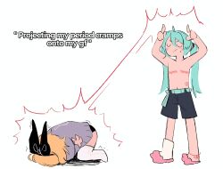 Rule 34 | 1girl, 1other, black bow, black shorts, blonde hair, blue hair, bow, character request, closed eyes, commentary, english commentary, english text, gender transitioning, hatsune miku, headband, highres, long hair, mastectomy scar, meme, pain, pink slippers, projecting my period cramps (meme), scar, scar on chest, short hair, shorts, simple background, single sock, slippers, socks, sweat, the fukarana, thighhighs, vocaloid, white background, white thighhighs