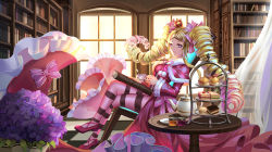 10s 1girl absurdres beatrice_(re:zero) blonde_hair blue_eyes book bookshelf bow breasts bug butterfly butterfly-shaped_pupils capelet chair checkered_floor closed_mouth crossed_legs crown cup curtains dress drill_hair eyelashes female_focus floating_curtains floating_hair flower food frilled_dress frilled_sleeves frills from_side full_body fur_trim gradient_hair hair_bow hair_ribbon highres holding holding_cup hydrangea indoors insect jam leaf leaning_back light_smile long_dress long_hair long_sleeves looking_at_viewer mafuyu_(867208837) medium_breasts mini_crown multicolored_hair on_chair pantyhose parted_bangs pink_bow pink_dress pink_hair pink_shoes plant plate pom_pom_(clothes) potted_plant purple_flower re:zero_kara_hajimeru_isekai_seikatsu ribbon shade shoes sidelocks sitting smile solo spoon striped_clothes striped_pantyhose sweets symbol-shaped_pupils table teacup teapot tiered_tray twin_drills twintails two-tone_hair wide_sleeves wind window