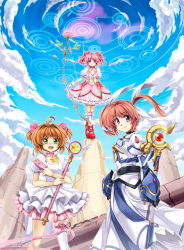 10s 1990s_(style) 3girls black_gloves blue_eyes bow_(weapon) brown_hair card cardcaptor_sakura child cloud crossover day dress fingerless_gloves flower gloves hair_ornament highres holding holding_card hope hope_(sakura_card) hoshi_no_tsue kaname_madoka kaname_madoka_(magical_girl) kinomoto_sakura kinomoto_sakura_(astral_sakura) long_hair lyrical_nanoha magic_circle magical_girl mahou_shoujo_lyrical_nanoha mahou_shoujo_lyrical_nanoha_the_movie_1st mahou_shoujo_madoka_magica mahou_shoujo_madoka_magica_(anime) multiple_crossover multiple_girls pink_eyes pink_hair raising_heart raising_heart_(device_mode)_(1st) retro_artstyle rock rose sakura_card short_hair single_thighhigh sky staff takamachi_nanoha takamachi_nanoha_(movie_1st_mode) thighhighs twintails wand weapon white_gloves windart