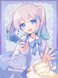 1girl :3 :d ahoge animal aqua_hair blue_bow blue_bowtie blue_brooch blue_eyes blue_skirt blush border bow bowtie cat collared_shirt commission controller double-parted_bangs drawn_wings english_text fang flat_chest gradient_hair grey_background grey_sweater hair_between_eyes hair_ornament hands_up holding holding_controller jacket kurage_natsume long_sleeves looking_at_viewer medium_hair mixed-language_text multicolored_hair open_clothes open_jacket open_mouth original outside_border pillow puffy_long_sleeves puffy_sleeves purple_border shirt simple_background skeb_commission skirt sleeves_past_wrists smile solo sparkle sweater translation_request turning_head twintails twitter_username two-tone_hair upper_body white_hair white_jacket white_shirt